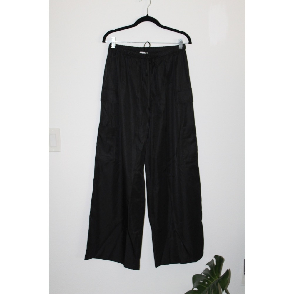 Reformation Silky Black Wide Leg Cargo Pants Elastic Waist Deadstock Fabric S